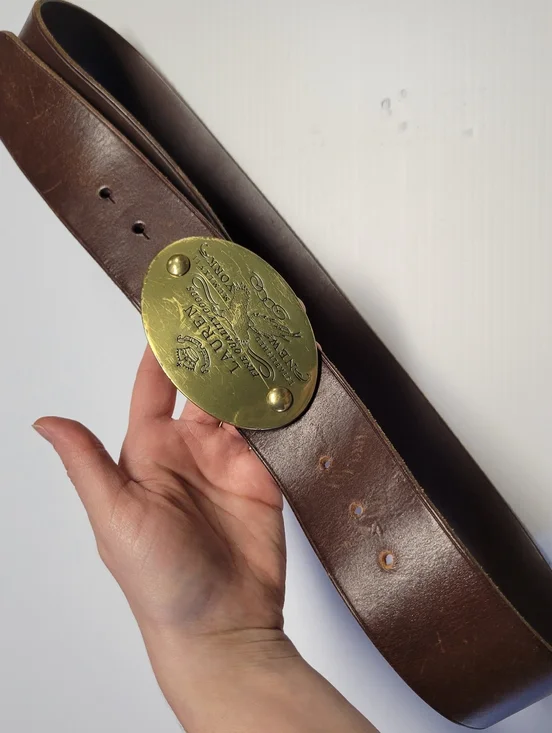 Ralph Lauren Brown Leather Belt L Genuine Leather Large Brass Buckle Vintage - Picture 8 of 8